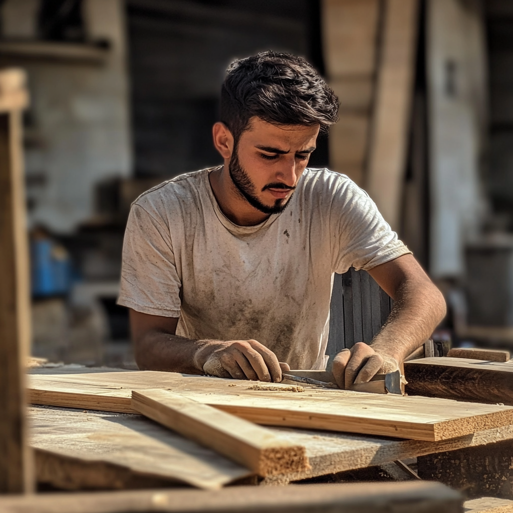 A young male carpenter working | Source: Midjourney