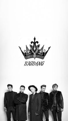 This contains an image of  BIGBANG 
 group members standing next to each other in front of a wall with a crown on it