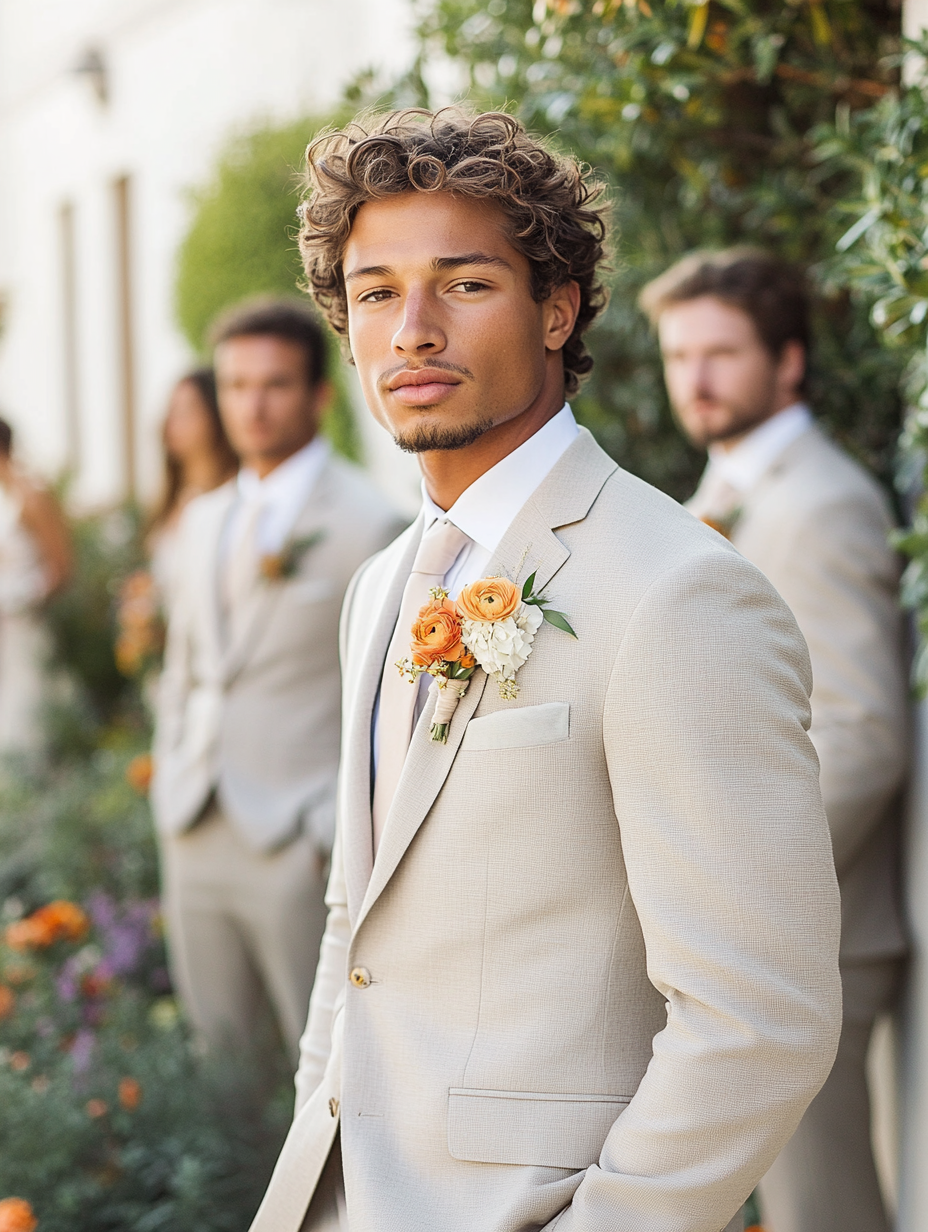 
young men standing in Light gray suit, fresh and airy, ideal for spring and summer weddings, set in a daytime or outdoor event, relaxed yet stylish, paired with a pastel tie or no tie, crisp and clean aesthetic, perfect for a bright and cheerful setting