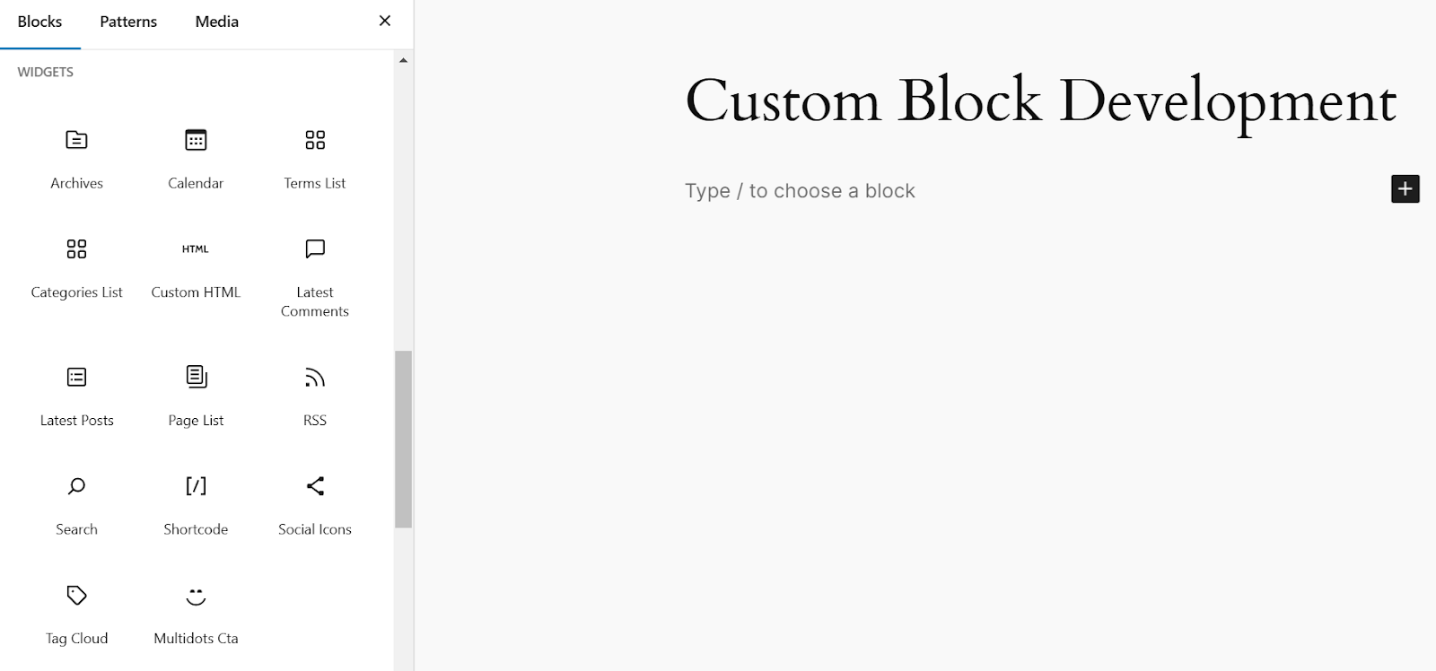 Inserting the custom block from the block inserter tool in the WordPress editor.