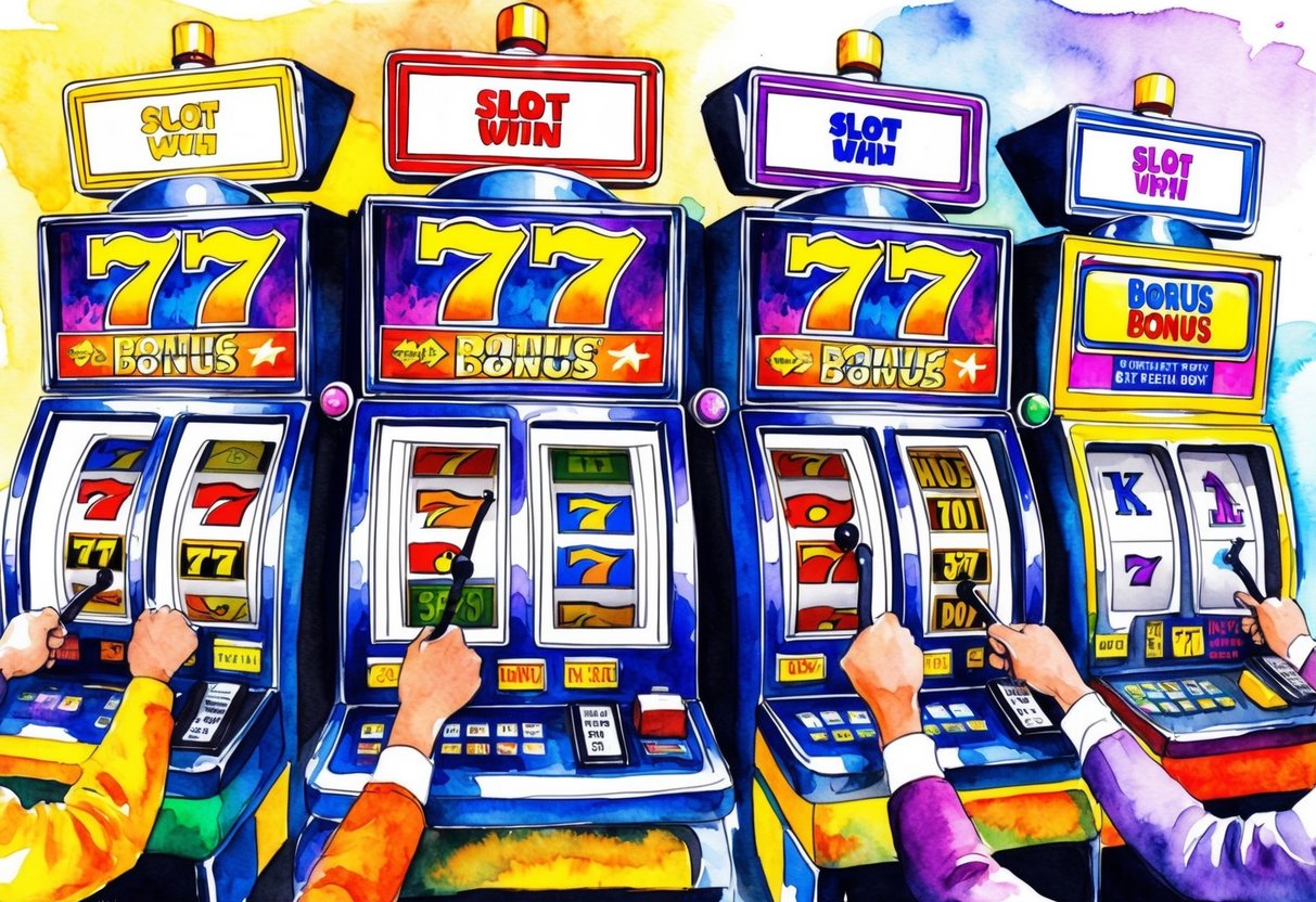 Colorful 777 slot machines with flashing lights and exciting graphics. Players eagerly pulling levers and pressing buttons. Bright bonus and promotion signs displayed prominently