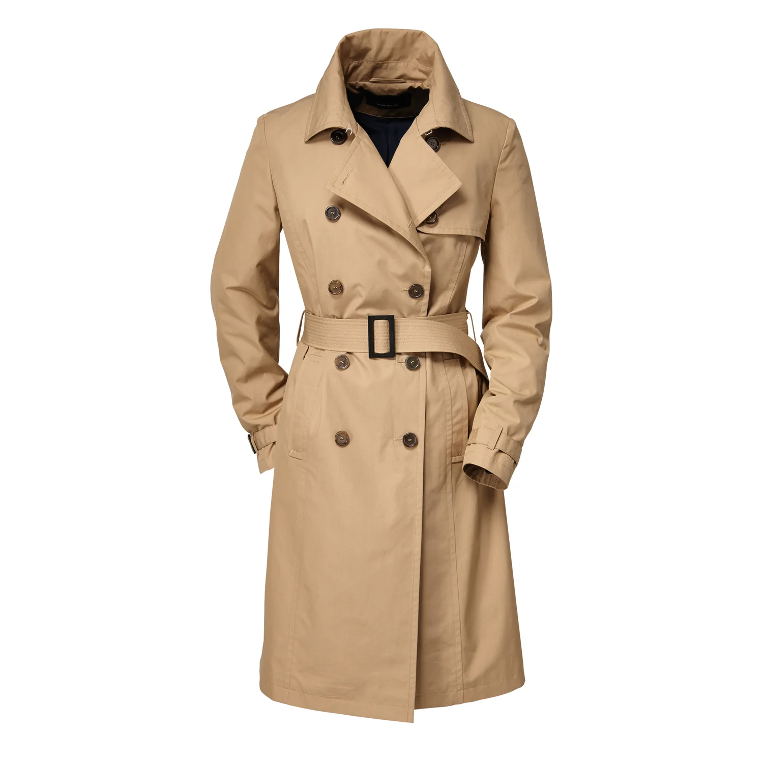 A long trench coat in skin color with a belt and full sleeves designed to wear in winter and summer season.