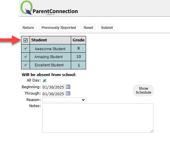 This image displays how a parent/guardian can select all of their students.