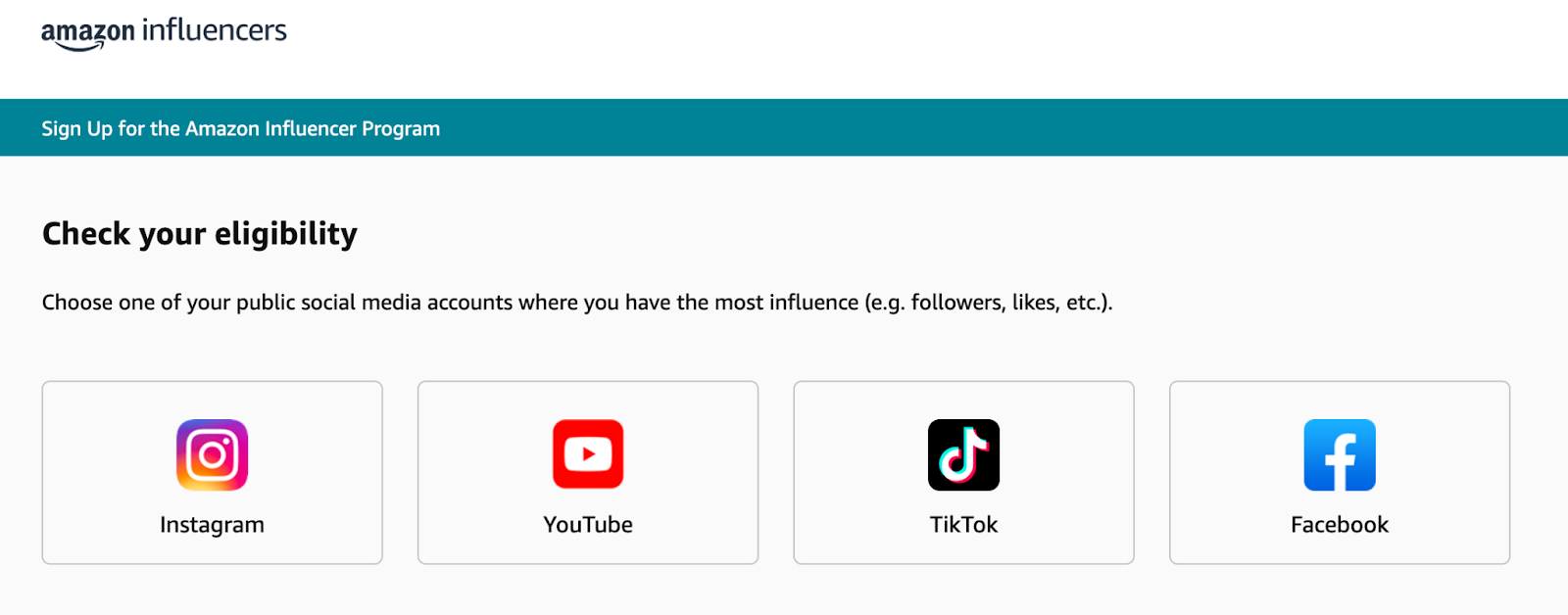 A screenshot of the Amazon eligibility check, prompting the user to choose the social media platform where they have the most influence