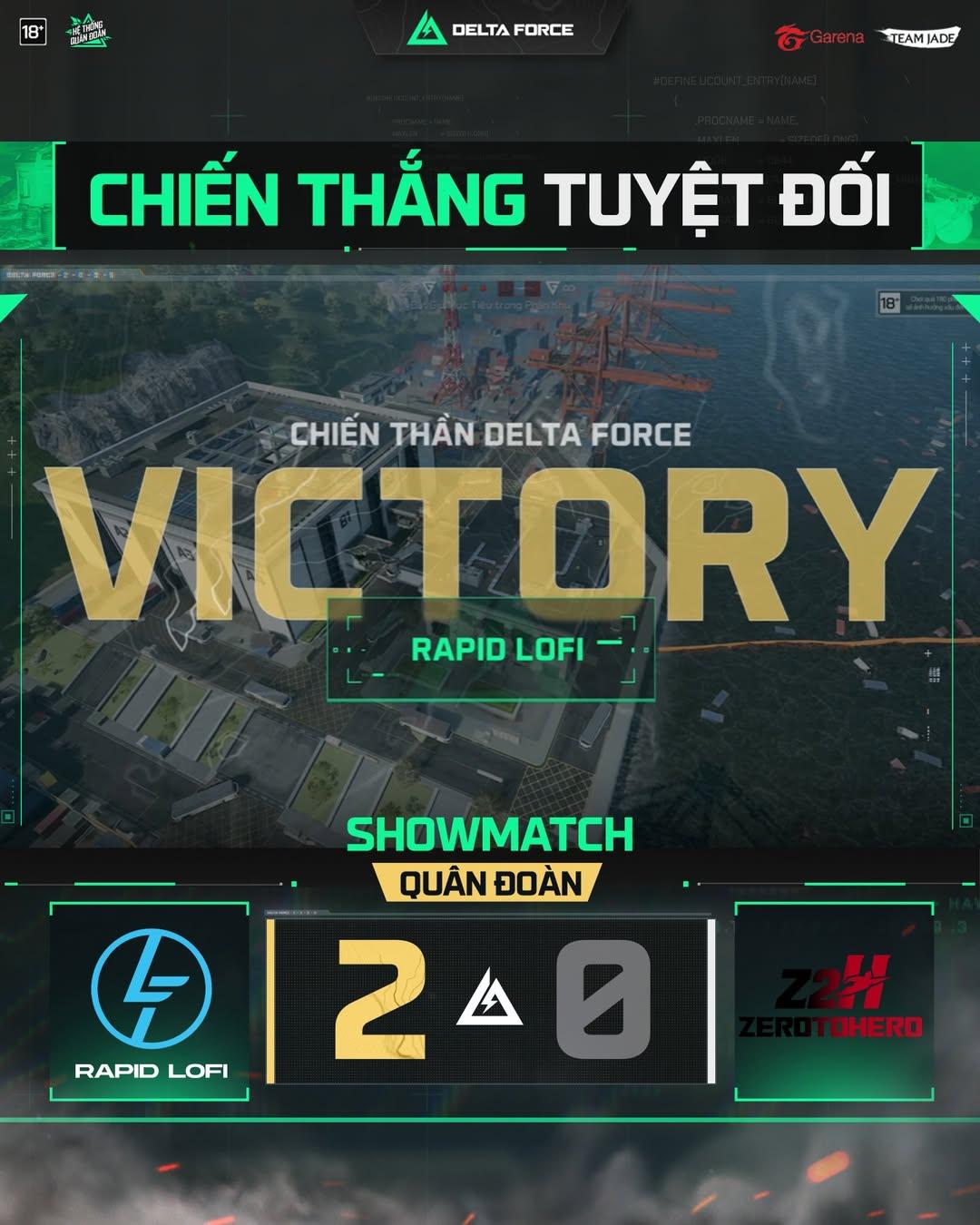 May be an image of text that says 'DELTAFORCE DELTA FORCE TEAMJADE CHIẾN THẮNG TUYỆT ĐỐI CHIẾN THẦN DELTA FORCE VICTORY RAPID LOFI SHOWMATCH QUÂN ĐOÀN 20 n 4 2 鳳 A DHERO RAPID RAPIDLOFI LOFI'