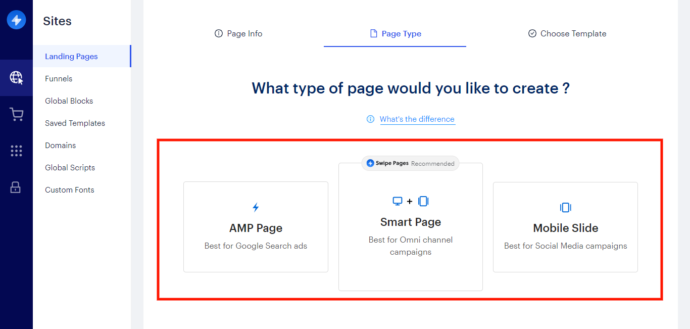 Image showing page type options in Swipe Pages