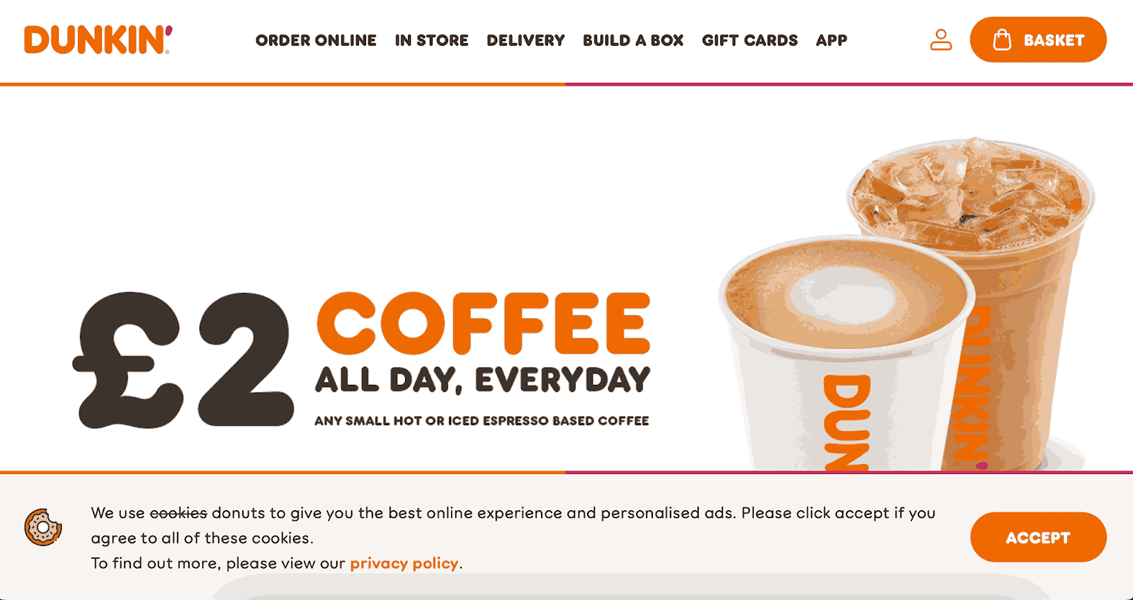 A screenshot of Dunkin’ homepage 