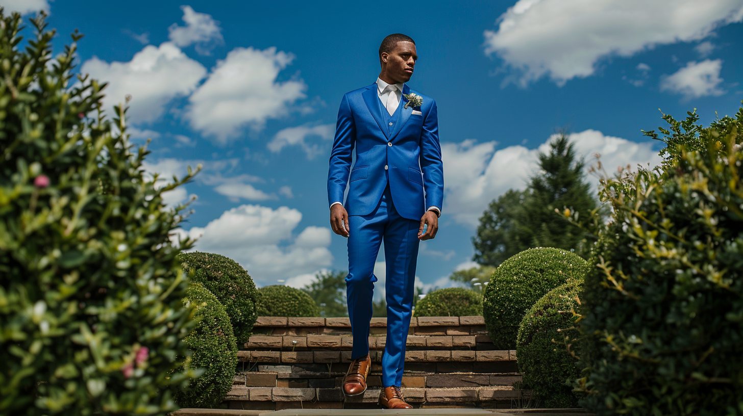 Man dressed in a vibrant royal blue suit, crisp white shirt, and tan or brown shoes, set against a summer outdoor or destination wedding backdrop. Bold, confident style with sharp detailing, ideal for fashion-forward grooms or guests.