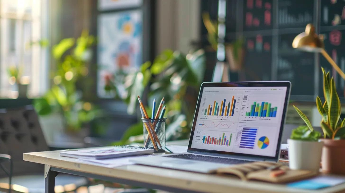 a modern, sleek office workspace features a laptop displaying vibrant infographics and digital metrics, surrounded by documents and a notepad, embodying innovative link building strategies for small businesses.