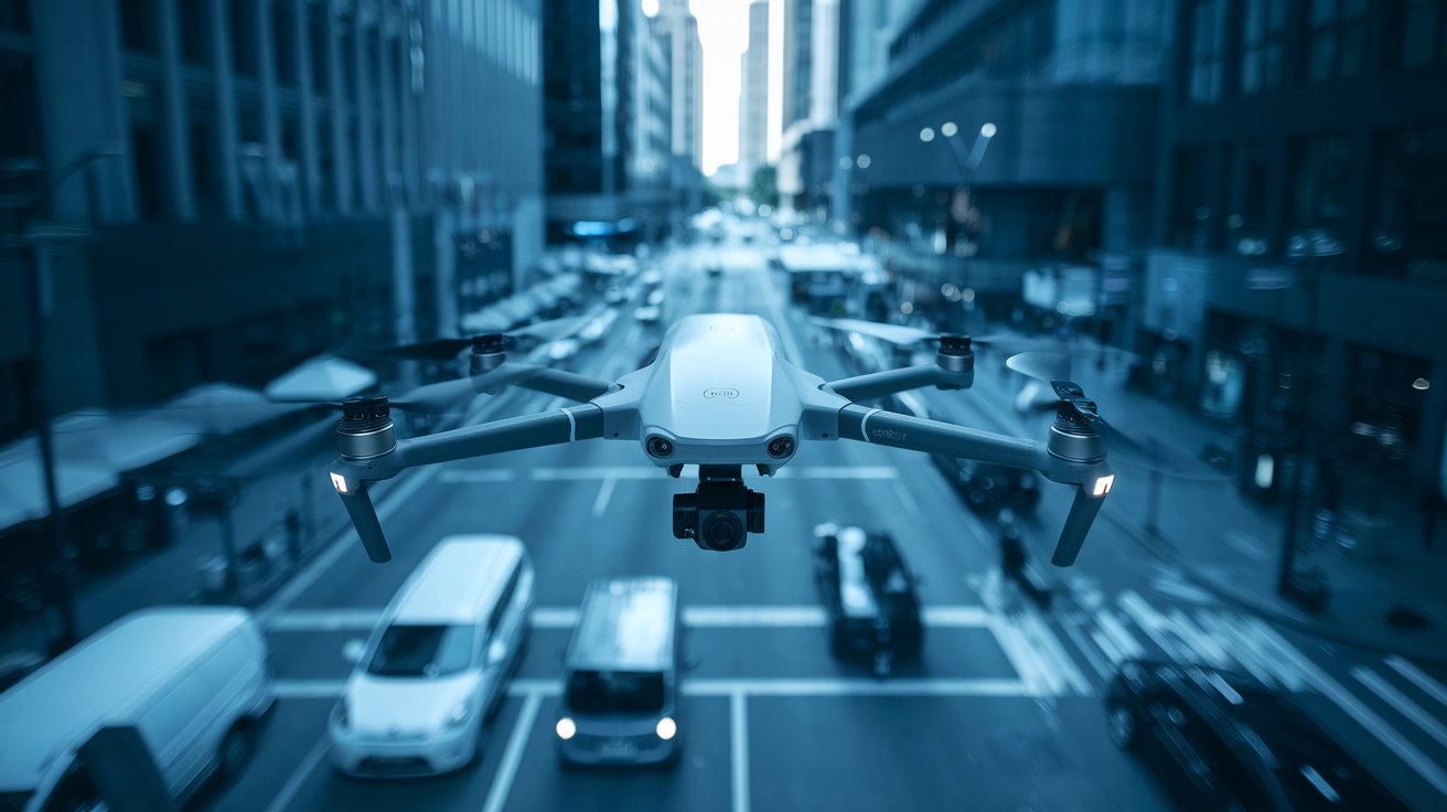 An autonomous drone safely navigating through a city using Edge AI for safety and reliability.