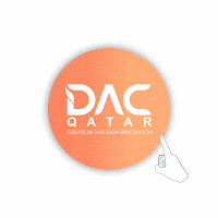 Animated DAC Qatar logo with a hand clicking effect, emphasizing digital printing innovation and branding services.