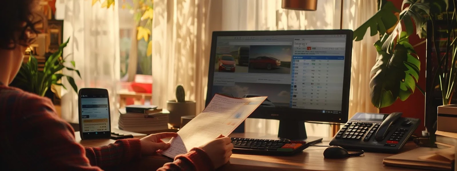 a person reviewing a detailed auto insurance policy booklet in front of a computer screen displaying various insurance websites, surrounded by calculators and insurance rate comparison charts in a well-lit room.