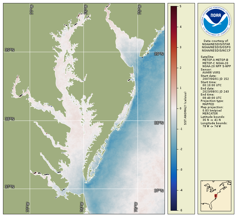 Map of the Chesapeake Bay with colors indicating slightly warmer than average water temperatures over most of the Bay for summer 2024