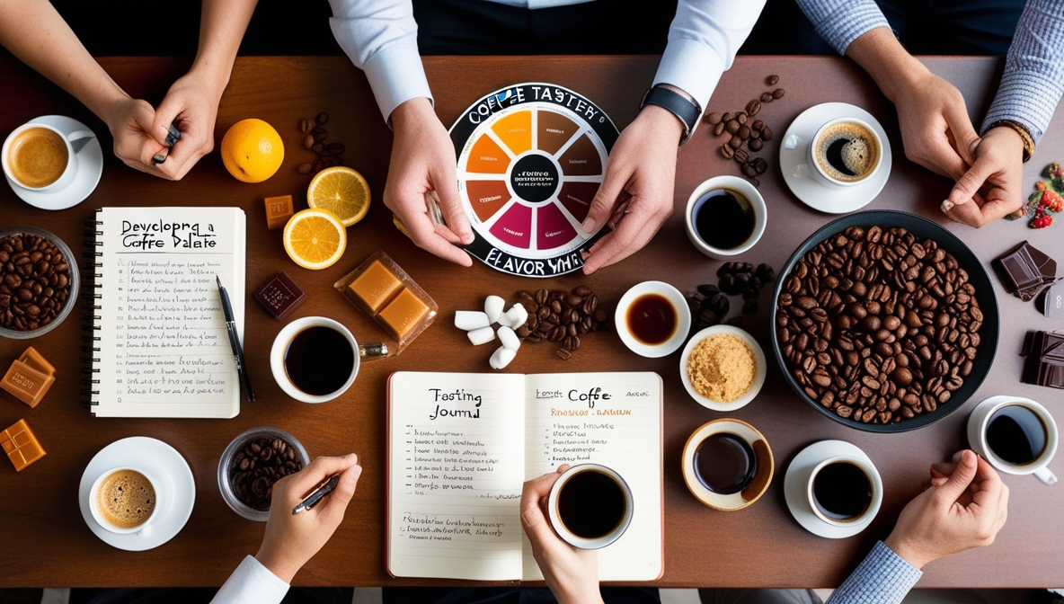 a group of people sitting around a table with coffee