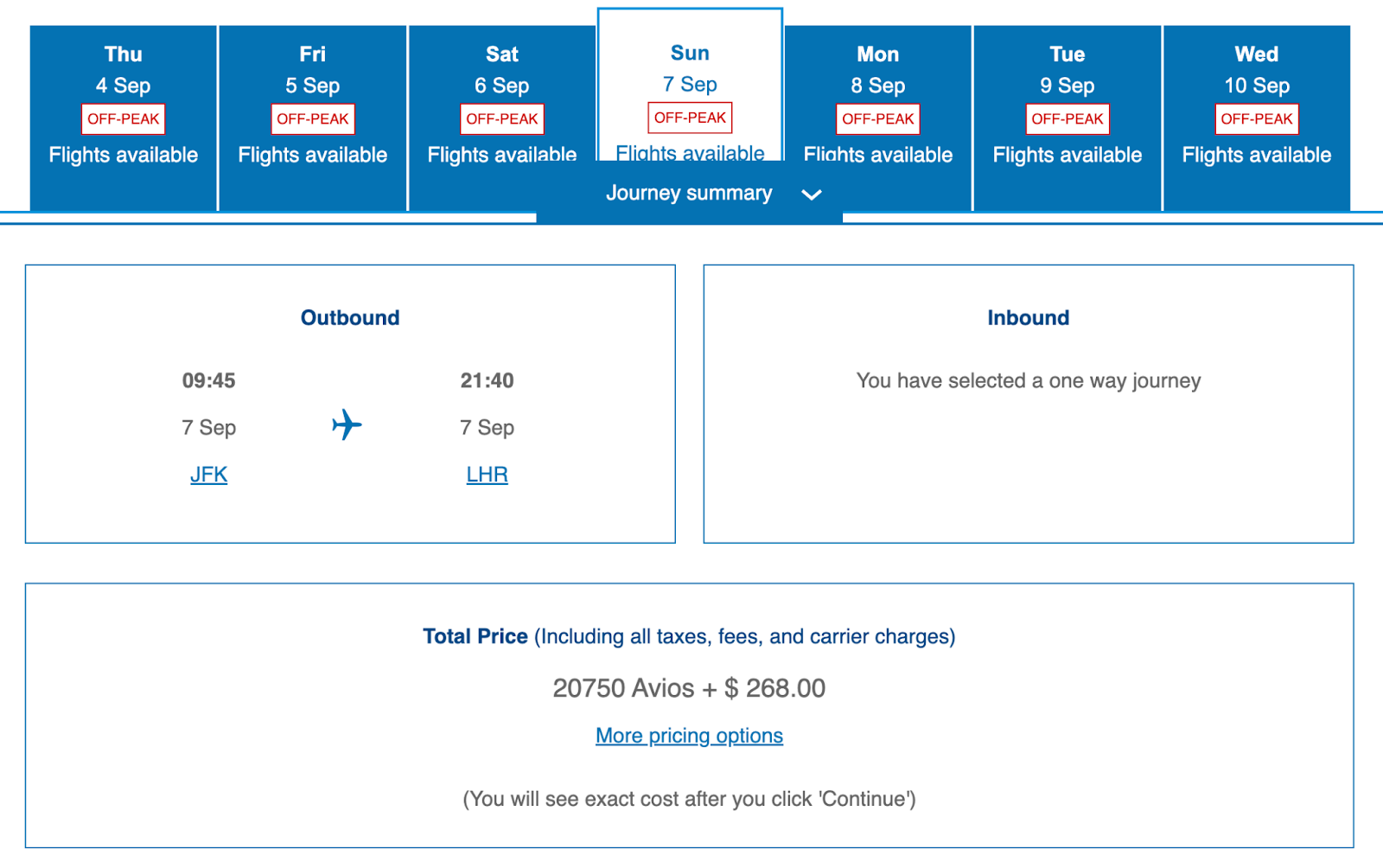 screenshot of flight selection on British Airways