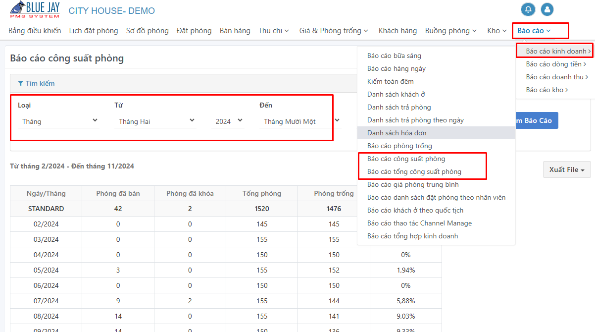 báo cáo công suất phòng theo tháng