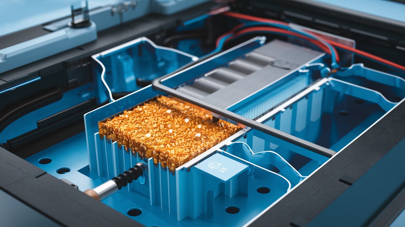 A cross-section of a lithium-ion battery showing its internal components.