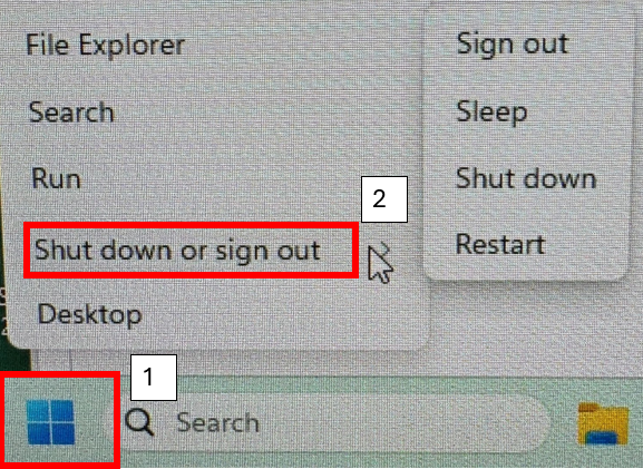 start menu showing shut down options