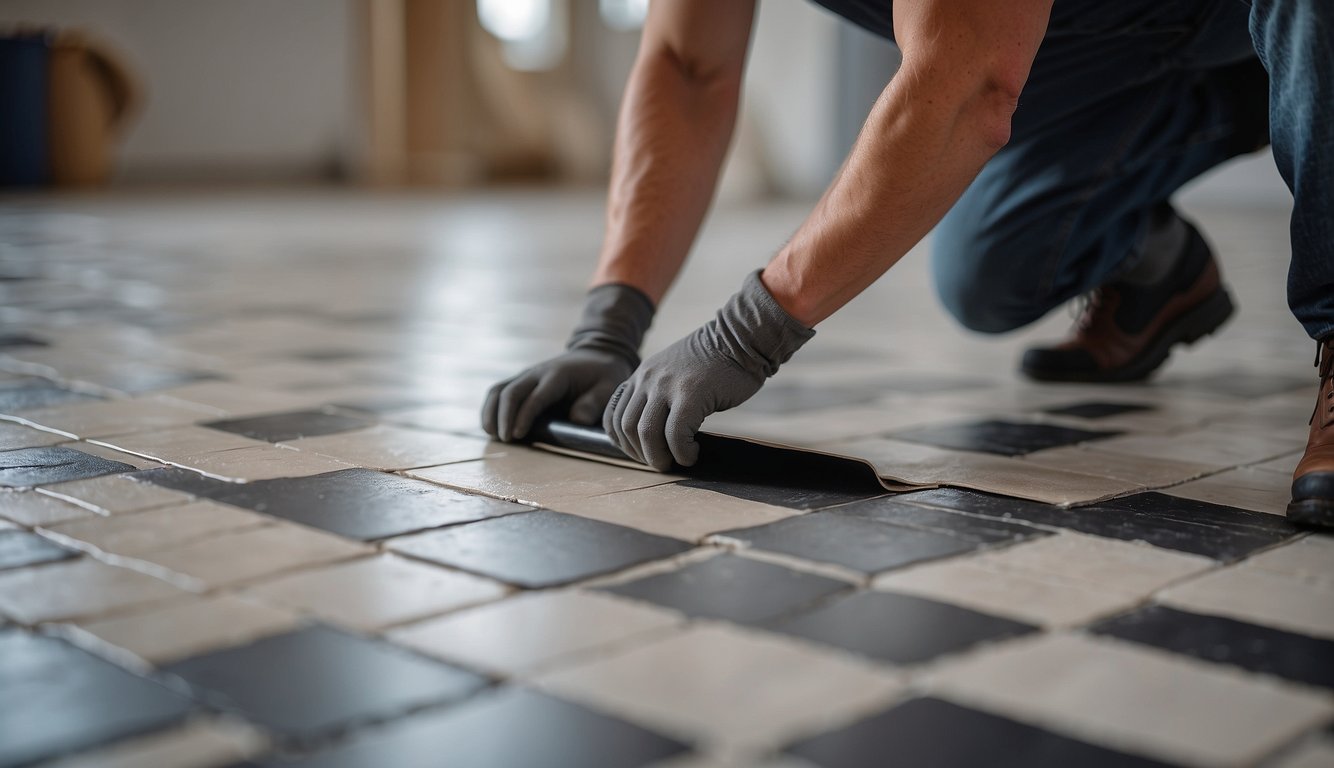 A person laying vinyl flooring over ceramic tile. Tile is clean and level, with no cracks or loose pieces. Adhesive is applied evenly, and vinyl is pressed down firmly