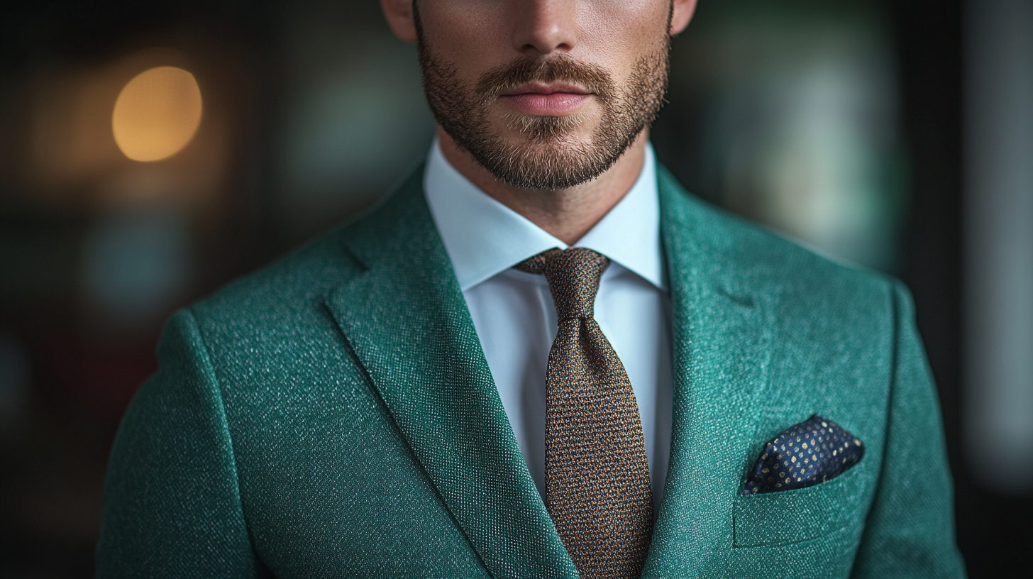 A well-tailored green suit styled with a crisp white dress shirt and a complementary tie. The tie options include a solid-colored tie in navy, burgundy, or deep brown for a classic look, or a subtly patterned tie with dots or stripes in shades of gray, blue, or dark green for added interest. The outfit achieves perfect contrast by pairing light shirts with darker ties, and vice versa, creating a sharp, balanced appearance. The setting is an elegant indoor environment with soft lighting that highlights the textures and colors of the ensemble.