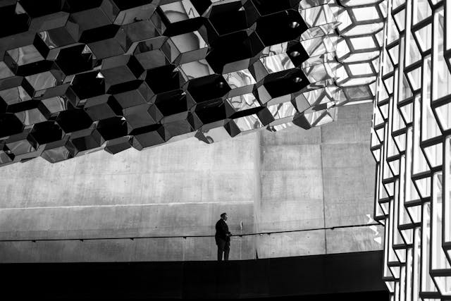 A person stands alone on a balcony inside a geometric building, embodying the future of design. The ceiling features a honeycomb pattern with reflective surfaces, and large windows on the right let in natural light, casting angular shadows on the concrete walls. (Black and white image).