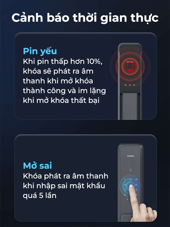 Đa dạng cảnh báo trên khoá Kaadas Q3