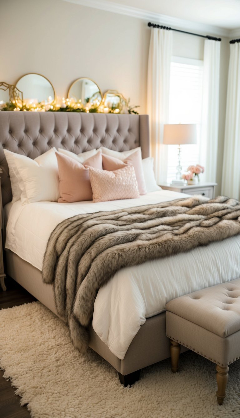 A cozy faux fur blanket draped over a plush bed in a softly lit master bedroom, with romantic decor accents