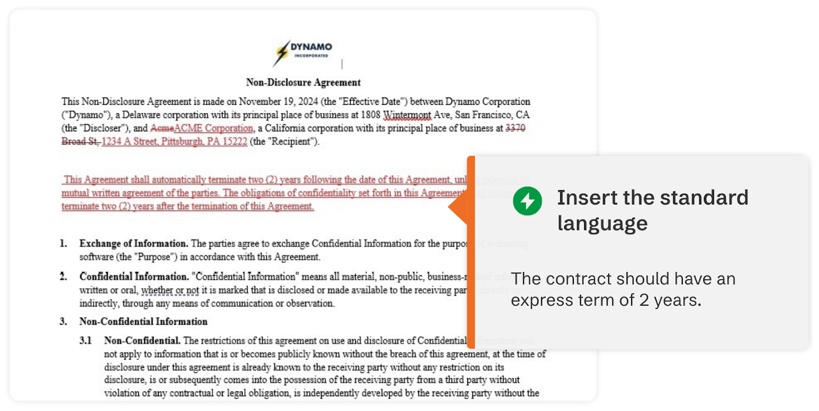 graphic shows how AI review technology for contracts has tracked changes and a comment suggesting the insertion of standard language in this redlined document