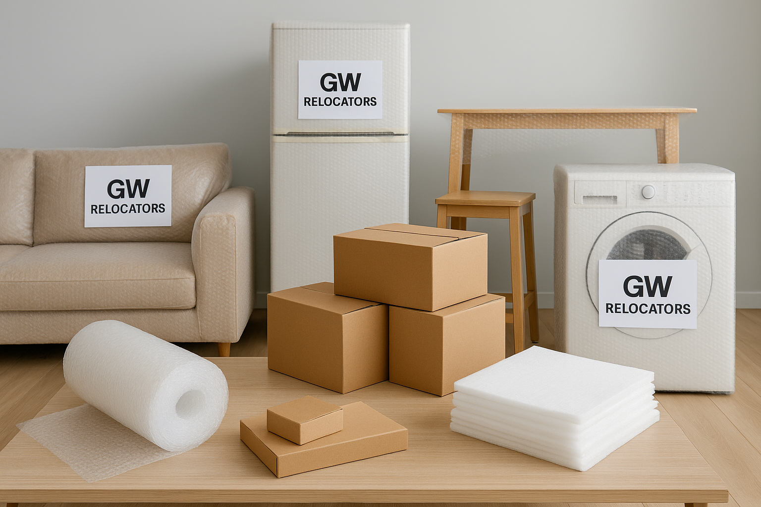 Packing materials like bubble wrap, boxes, foam sheets laid out on a table
