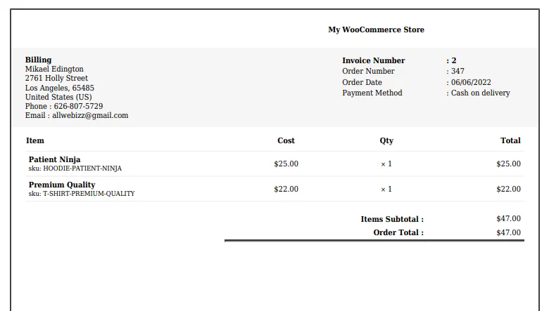 existing order invoice