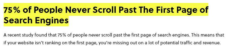 Screenshot showing fact that 75% of people never scroll past the first page of search engines
