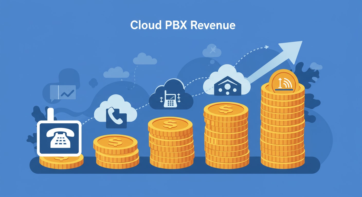 Visual metaphor of recurring revenue as stacked coins growing upward, with cloud icons and PBX symbols illustrating the scalability of white-label cloud PBX for resellers.