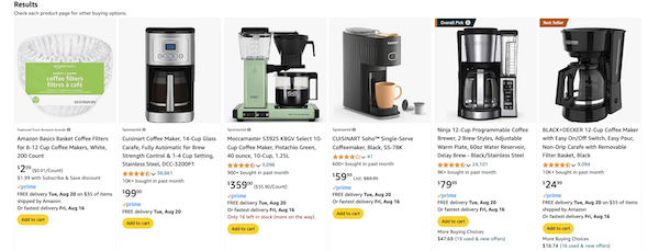 Amazon's coffee maker search results