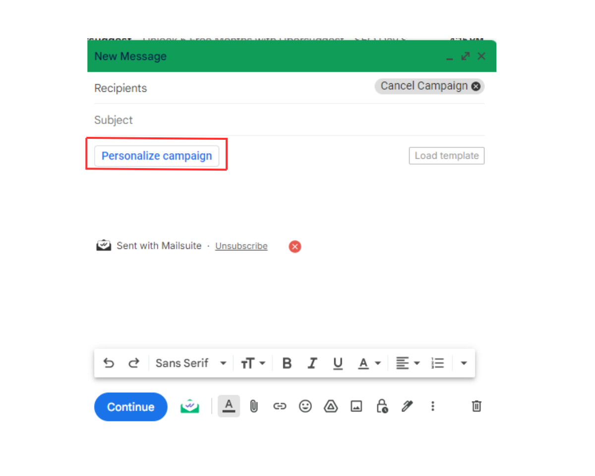 How to Mail merge with CC or BCC using Mailsuite: Click Personalize campaign in the Compose window
