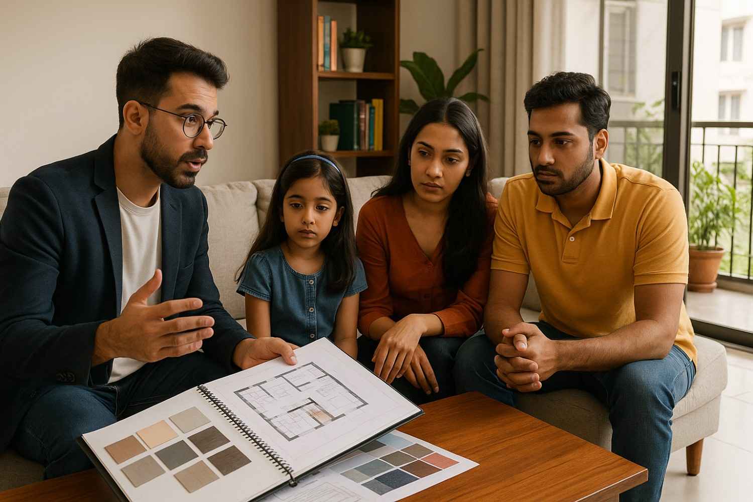 Elegante Interiors designer discussing requirements with family in Bangalore home