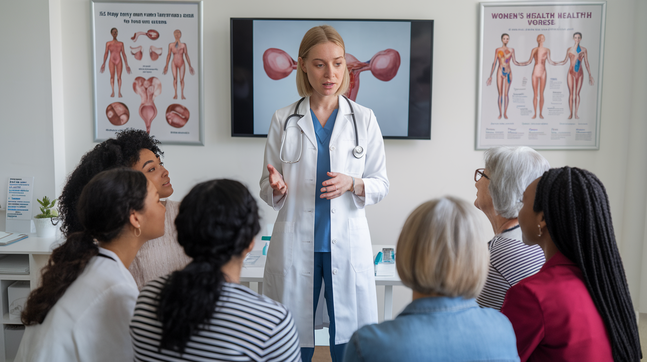 Create a realistic image of a white female doctor in a white coat explaining risk factors for ovarian cancer to a diverse group of concerned women, with a medical diagram of ovaries visible on a screen in the background, set in a bright, modern doctor's office with medical posters about women's health on the walls.