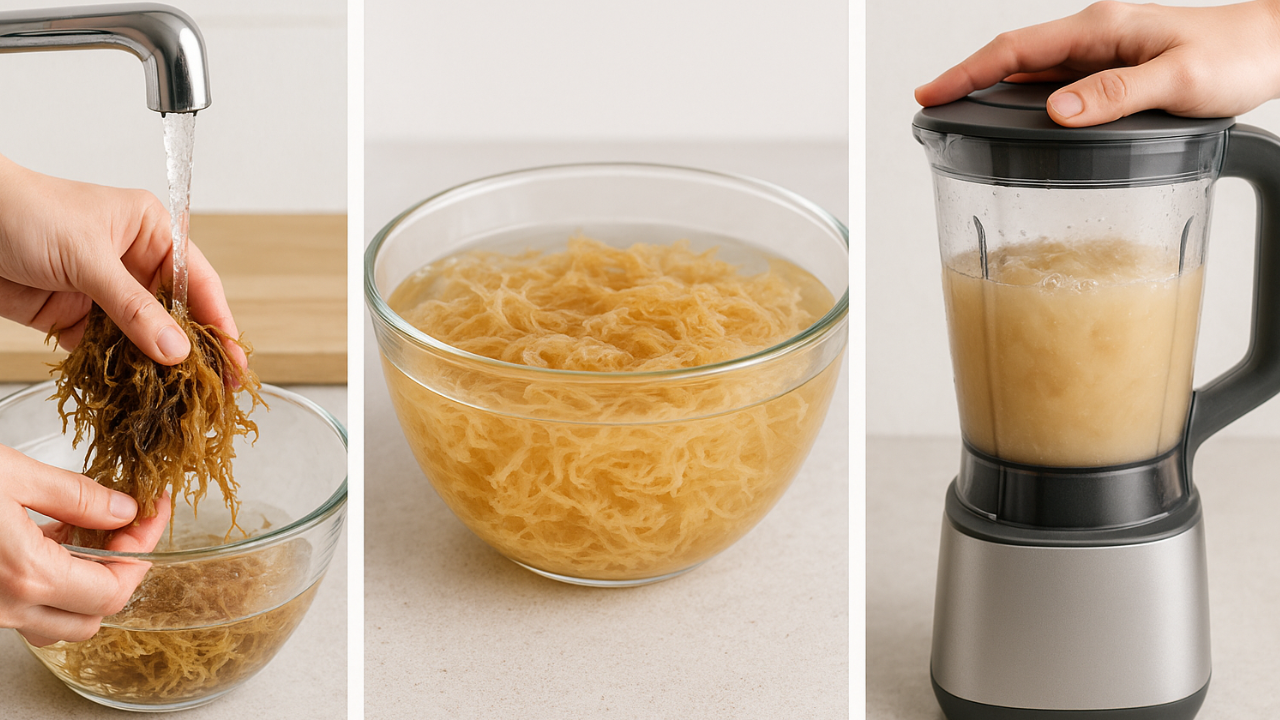 Steps to make sea moss gel: wash, soak, and blend