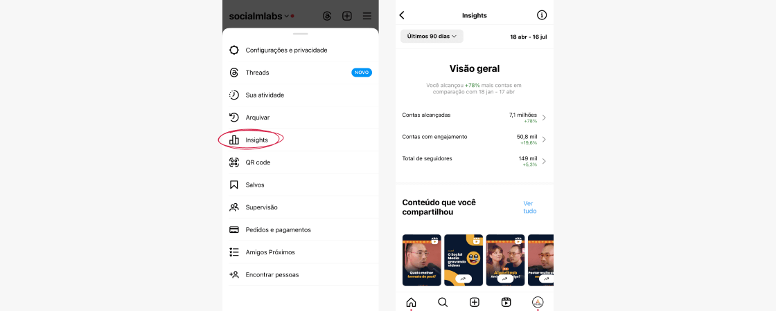 relatorio-stories-instagram-2: tela do instagram insights mostrando a visão geral das métricas do perfil