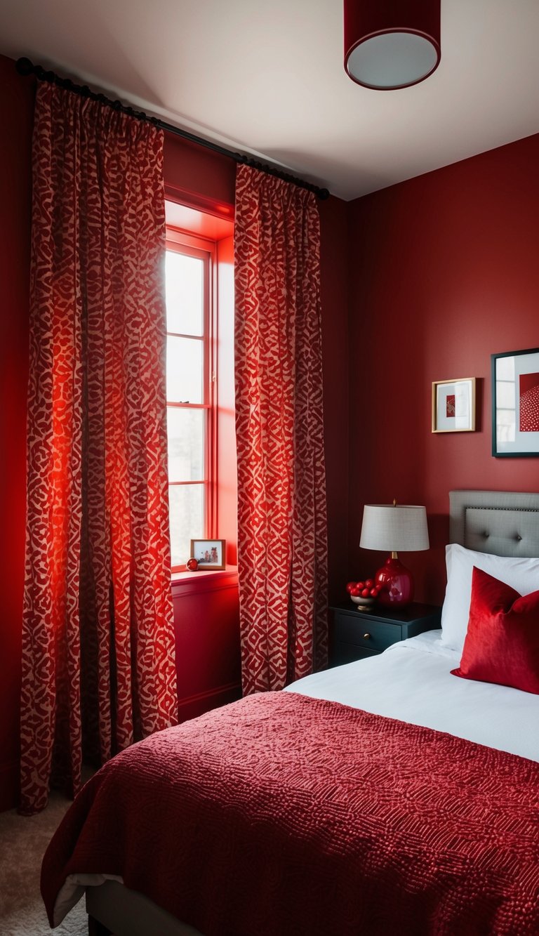 The red patterned curtains hang in a cozy bedroom, surrounded by various shades of red decor and furniture