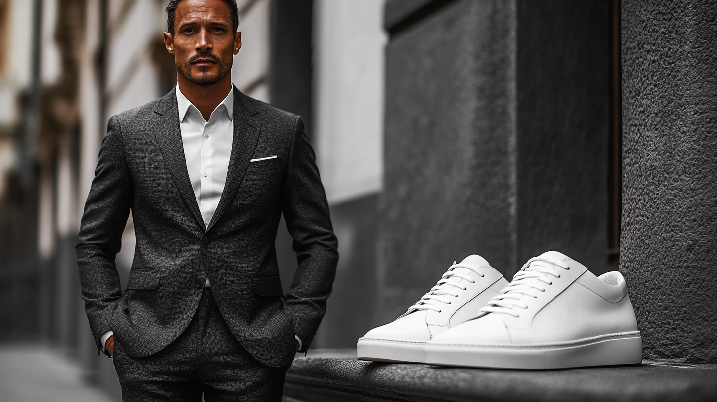 On the left side, a sharp slim-fit suit, tailored and sleek, in dark tones for a modern look. On the right side, minimalist sneakers, sleek, simple, and sophisticated, adding a contemporary touch. The background is elegant with soft lighting, emphasizing a cool, balanced, and refined vibe.