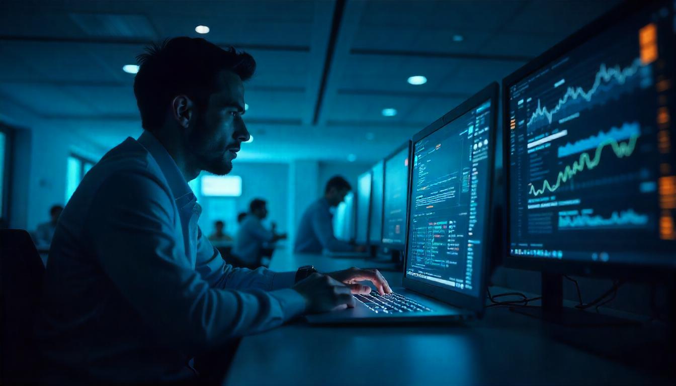 The complex data visualizations and analytics displayed on the screens underscores the "Benefits of Outsourcing Cybersecurity" to a capable MSSP, who can provide comprehensive threat monitoring and incident response capabilities.