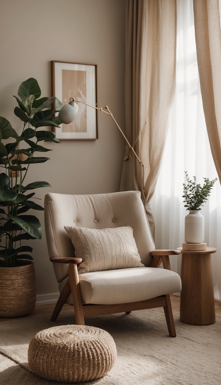 A cozy neutral bedroom with a linen accent chair as the focal point, surrounded by soft, earthy tones and minimalistic decor