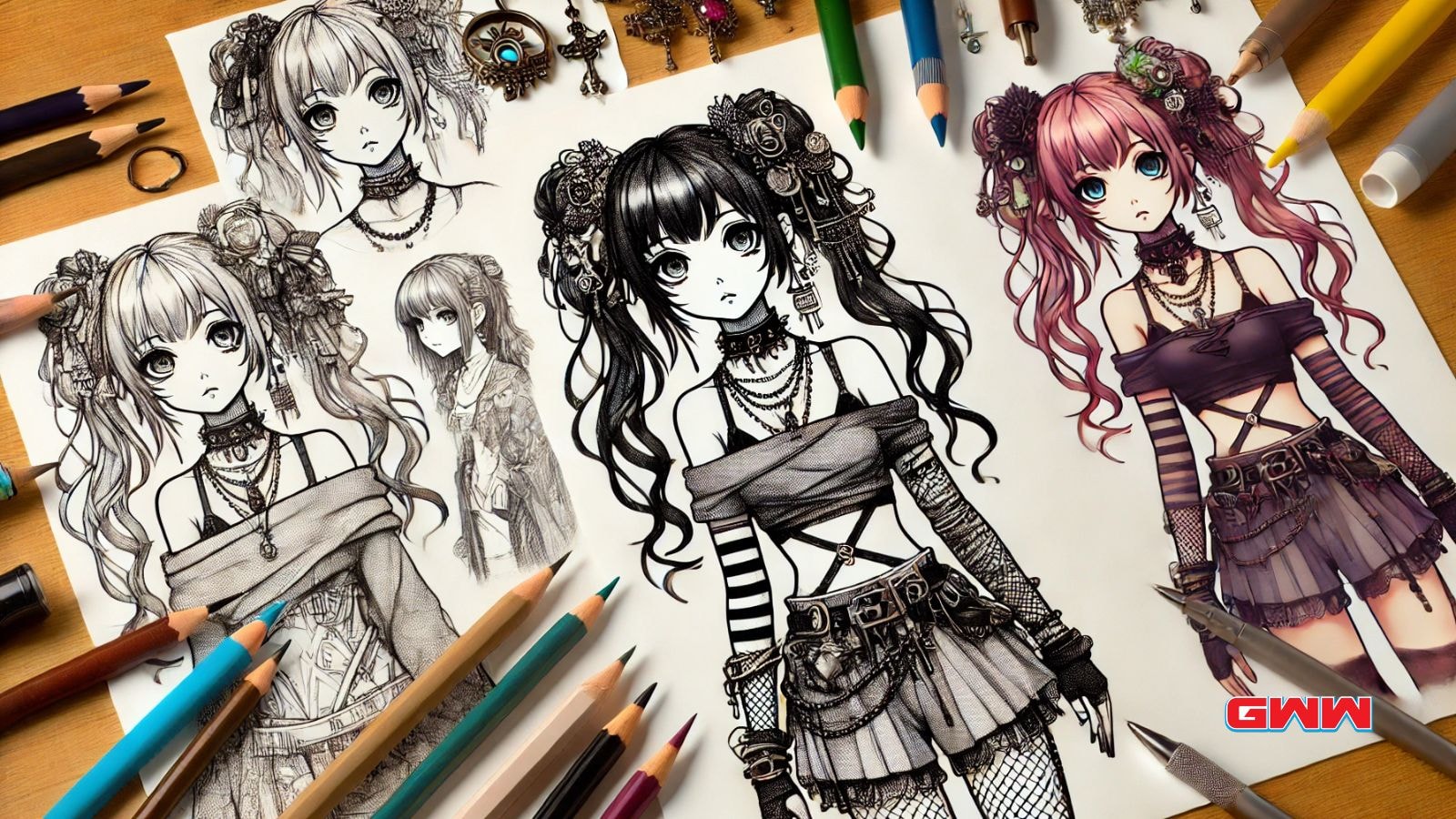 Unique anime girl drawing with creative hairstyle, outfit, and art supplies