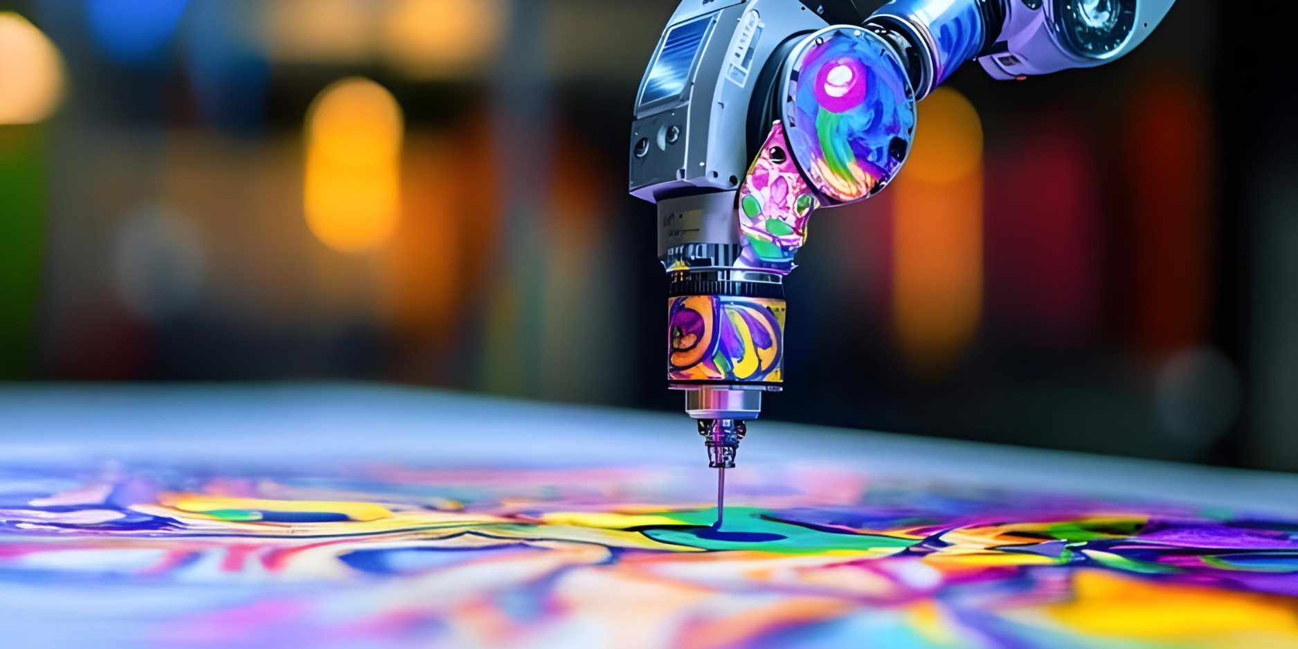 Future of Digital Printing and Designing A futuristic robotic arm creating a vibrant, intricate digital artwork, representing the future of digital printing and designing.