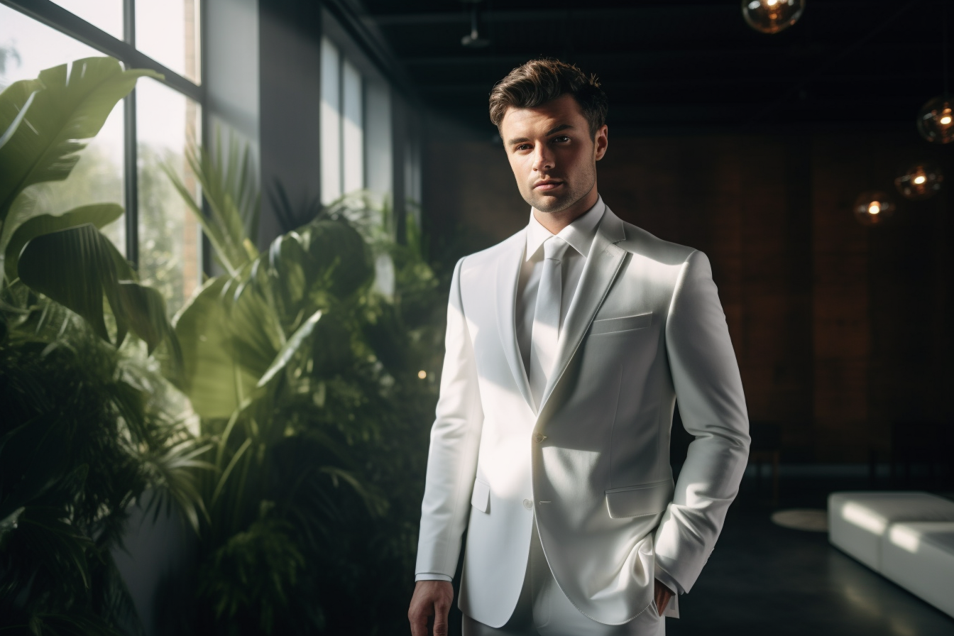 
A groom in a bright white suit, standing confidently in a striking wedding setting. The bright white fabric creates a crisp, sharp appearance, making the groom stand out with its clean and bold look. The suit is perfectly tailored, with sleek details and polished black shoes that add sophistication. The bright white suit contrasts beautifully with a refined wedding venue, where soft lighting and elegant décor highlight the groom’s bold statement