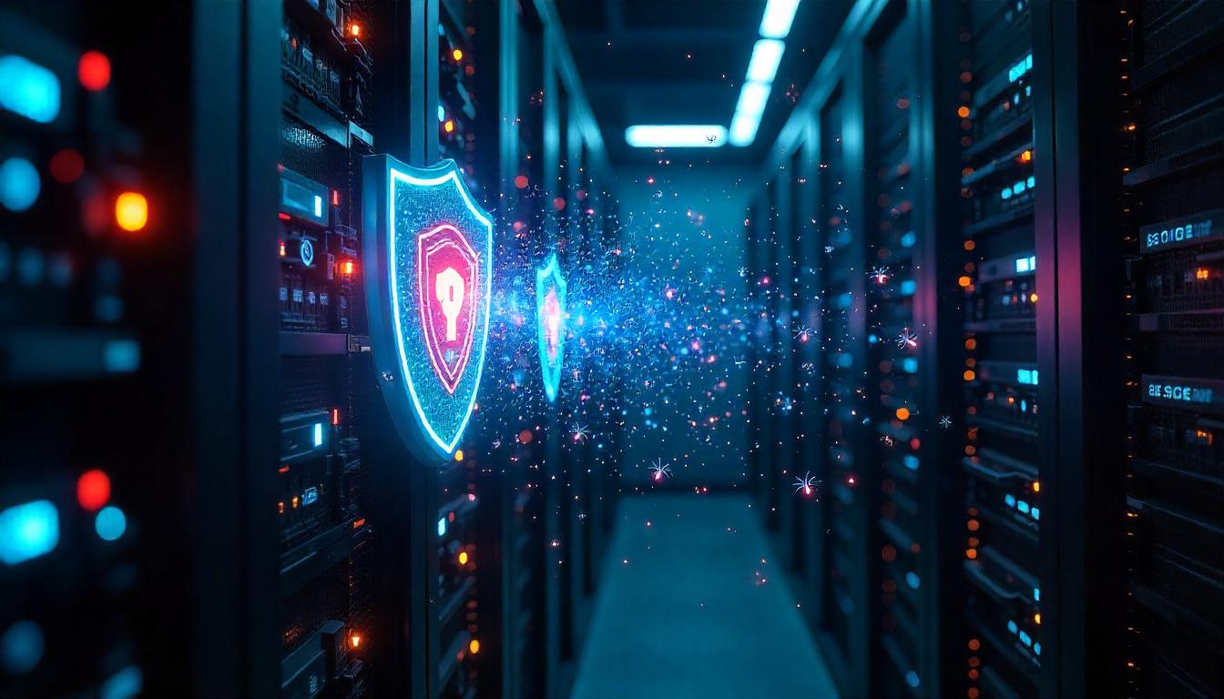 The captivating, dynamic security shields displayed in this futuristic data center environment underscore the limitations reactive security model, where proactive, multilayered defenses are essential to safeguarding critical digital infrastructure against rapidly evolving threats.