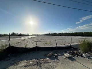 A sandy area with a fence and trees in the backgroundDescription automatically generated