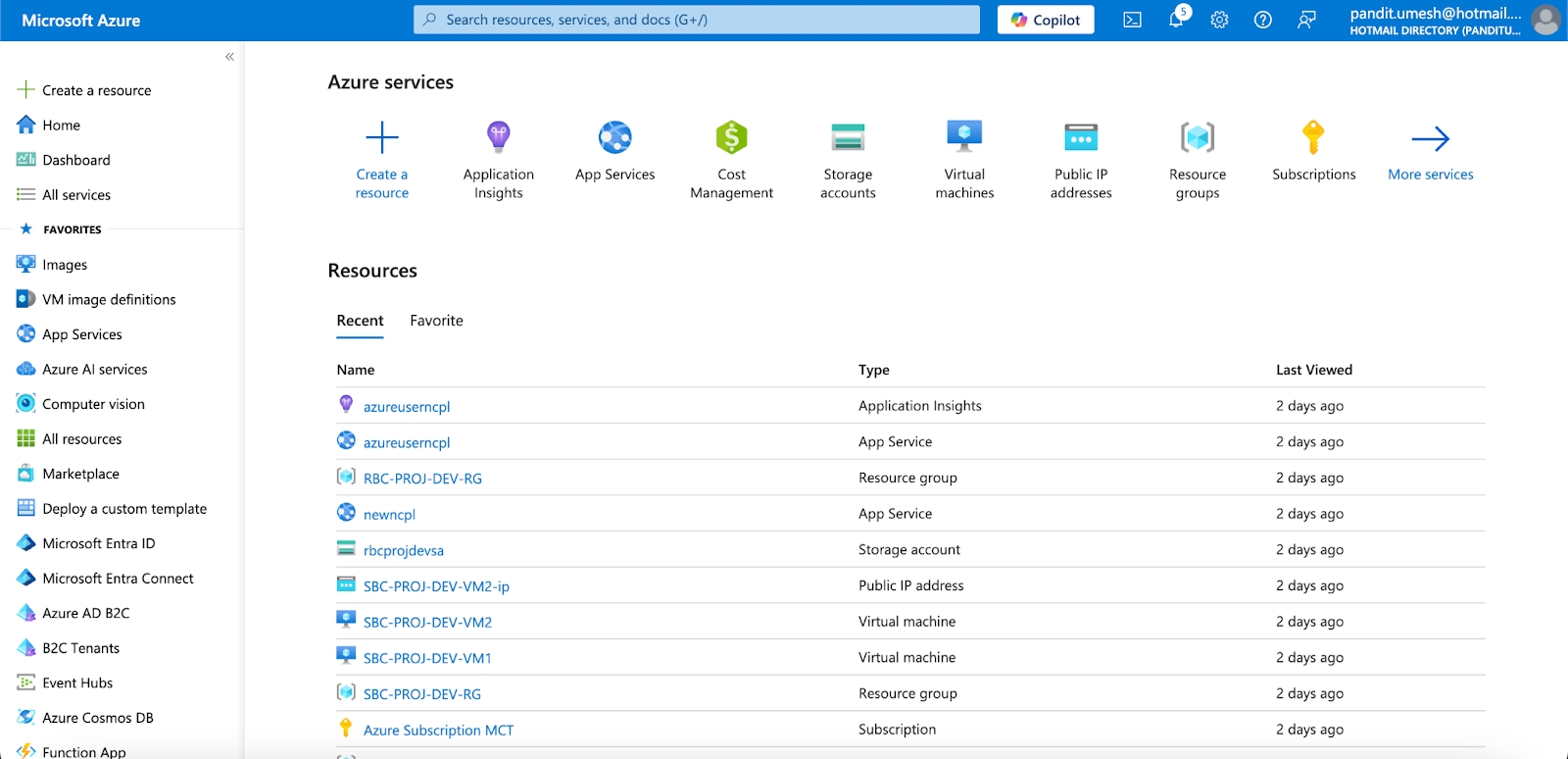 Azure dashboard