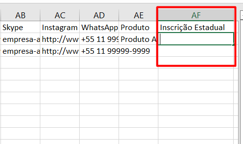 Parte de uma planilha Excel mostrando colunas 'Skype', 'Instagram', 'WhatsApp', 'Produto' e uma coluna personalizada 'Inscrição Estadual', destacada por um quadrado vermelho. A planilha contém dados de exemplo nessas colunas.