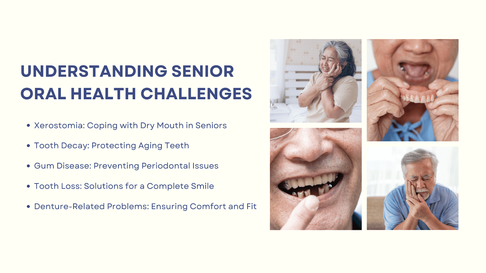 This is an infographic depicting the most common oral health challenges for seniors